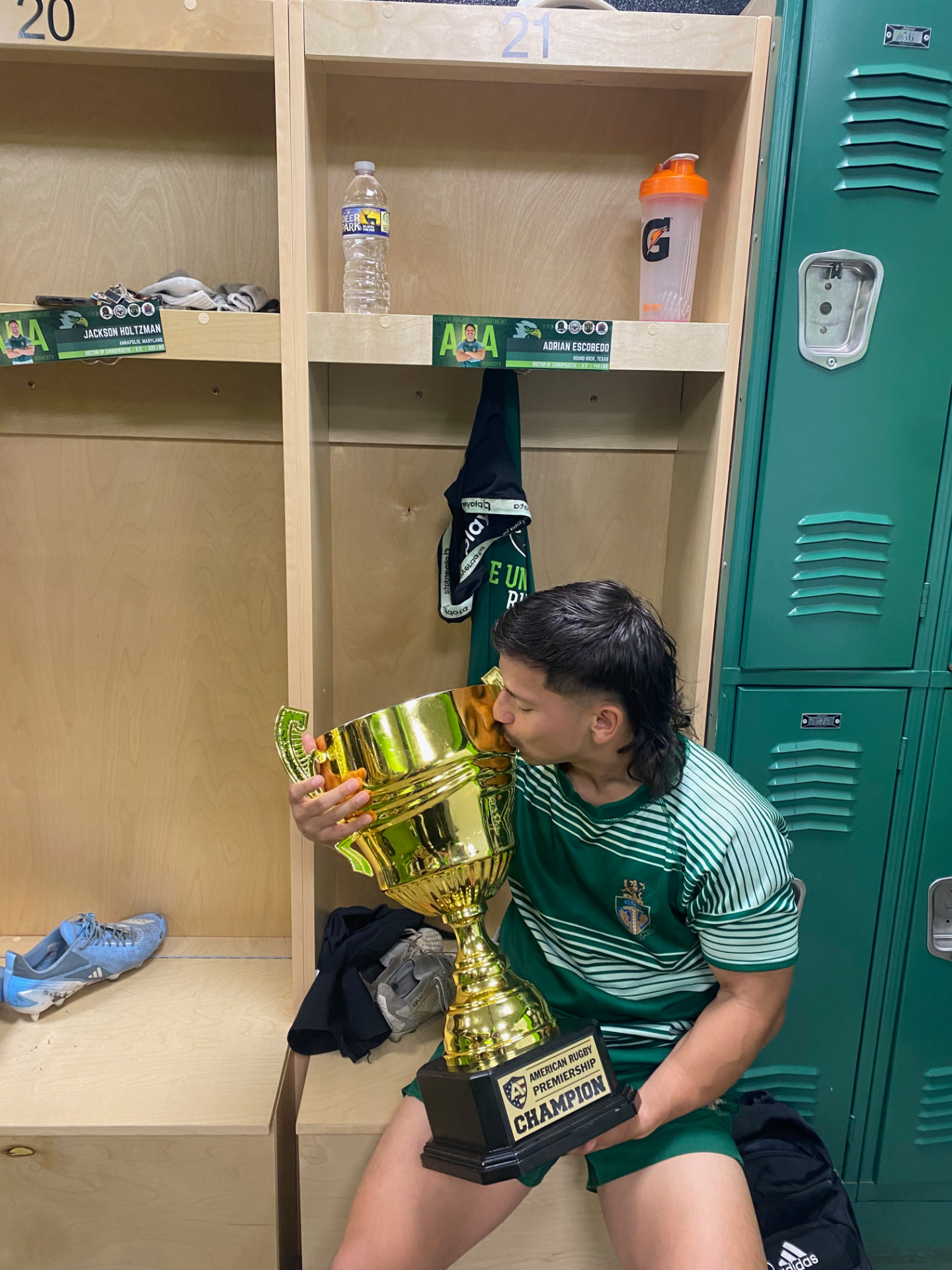 Adrian kissing the American Rugby Premiership championship trophy